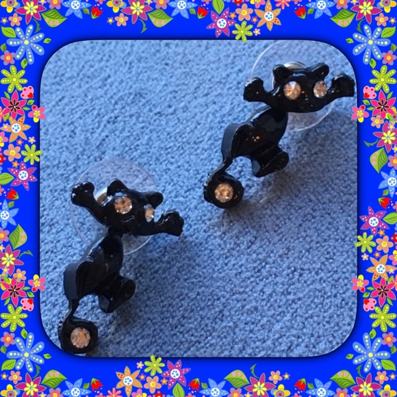 Black Cat  White Eyes Dangle Earrings - Picture 5 of 7